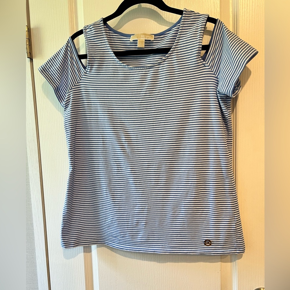 Michael Kors White and Blue Cap Sleeve Cut Out Tee